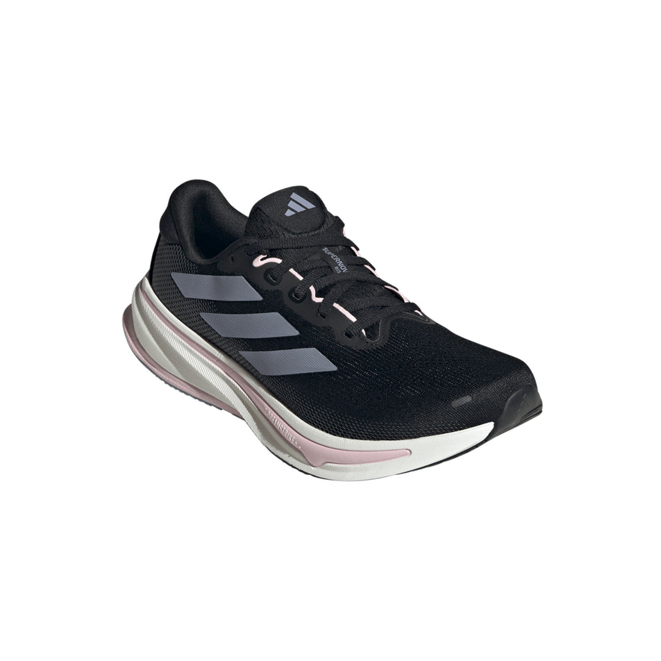 Lateral view of the right shoe from a pair of adidas Women's Supernova Rise 2 Running Shoes Core Black/Silver Violet/Clear Pink colourway. (8662999695522)