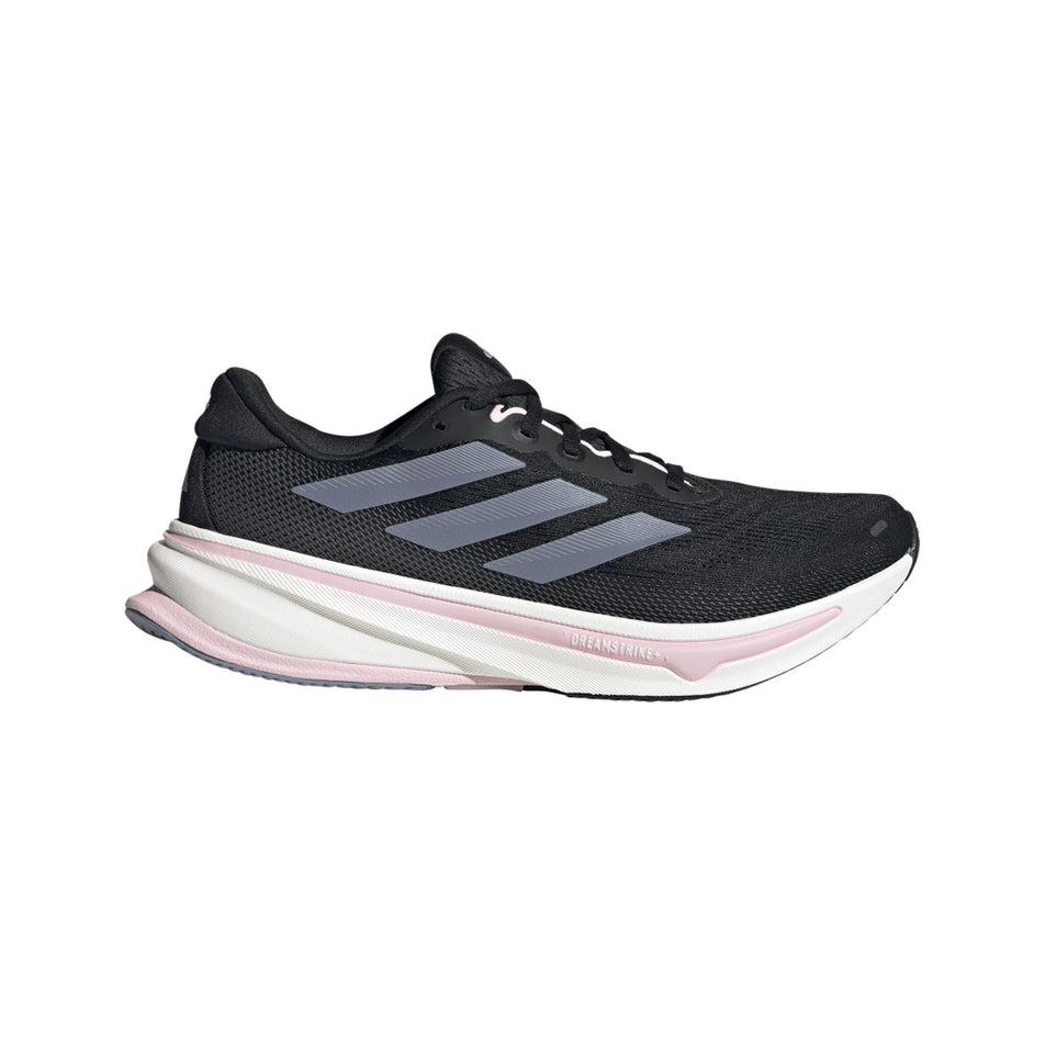 Lateral view of the right shoe from a pair of adidas Women's Supernova Rise 2 Running Shoes Core Black/Silver Violet/Clear Pink colourway. (8662999695522)