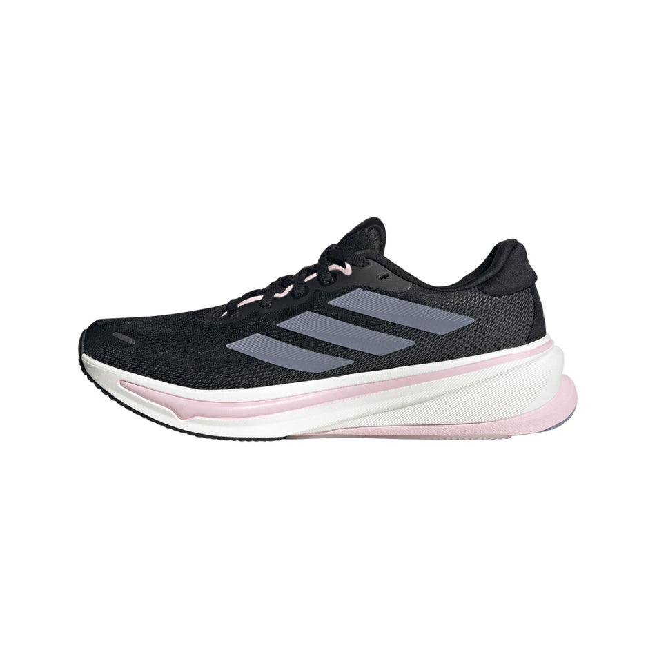 Medial view of the right shoe from a pair of adidas Women's Supernova Rise 2 Running Shoes Core Black/Silver Violet/Clear Pink colourway. (8662999695522)