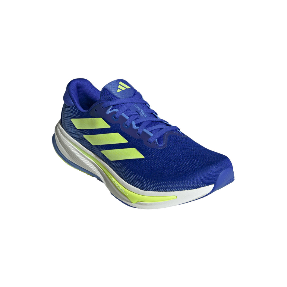 Lateral view of the right shoe from a pair of adidas Men's Supernova Rise 2 Running Shoes in the Lucid Blue/Hi-Red Yellow/Blue Fusion colourway. (8662545006754)