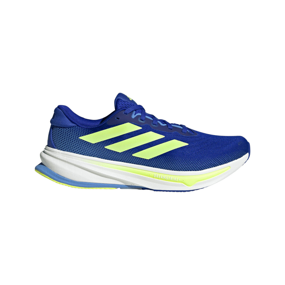 Lateral view of the right shoe from a pair of adidas Men's Supernova Rise 2 Running Shoes in the Lucid Blue/Hi-Red Yellow/Blue Fusion colourway. (8662545006754)