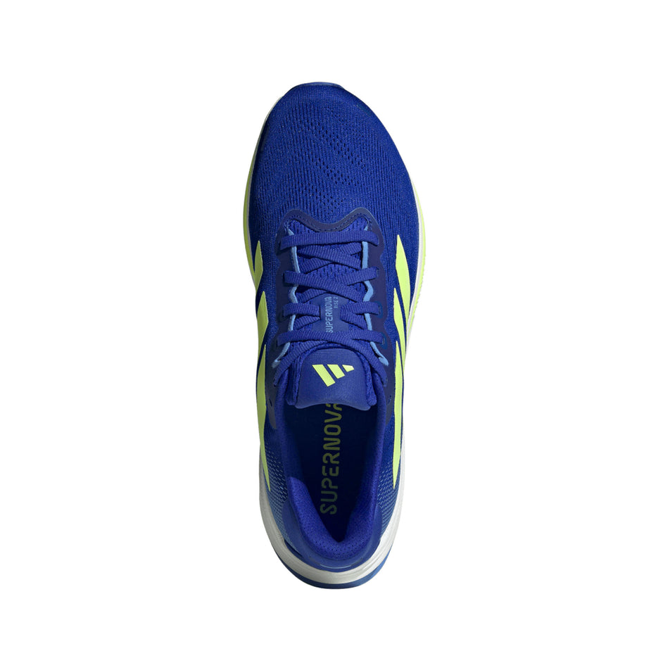 The upper of the right shoe from a pair of adidas Men's Supernova Rise 2 Running Shoes in the Lucid Blue/Hi-Red Yellow/Blue Fusion colourway. (8662545006754)
