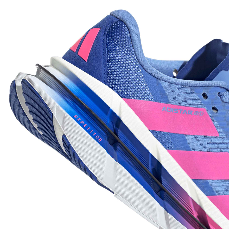 Close up of the heel section of the right shoe from a pair of adidas Women's Adistar BYD Running Shoes Blue Fusion/Lucid Pink/Lucid Blue colourway. (8662994976930)