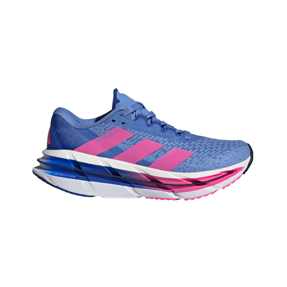 Lateral view of the right shoe from a pair of adidas Women's Adistar BYD Running Shoes Blue Fusion/Lucid Pink/Lucid Blue colourway. (8662994976930)
