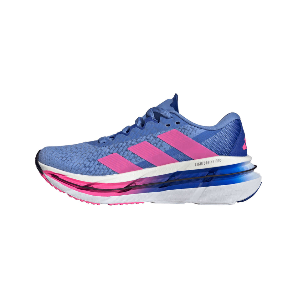 Medial view of the right shoe from a pair of adidas Women's Adistar BYD Running Shoes Blue Fusion/Lucid Pink/Lucid Blue colourway. (8662994976930)