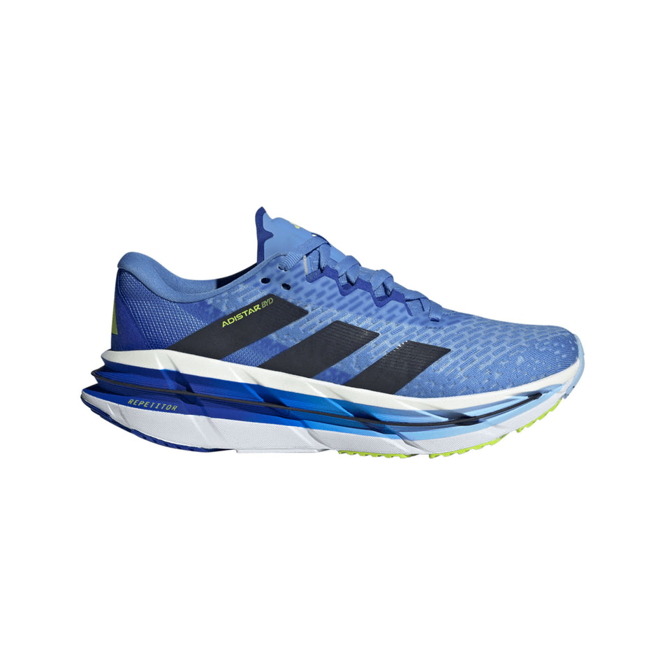 Lateral view of the right shoe from a pair of adidas Men's Adistar BYD Running Shoes in the Blue Fusion/Legend Ink/Solar Slime colourway. (8662536290466)