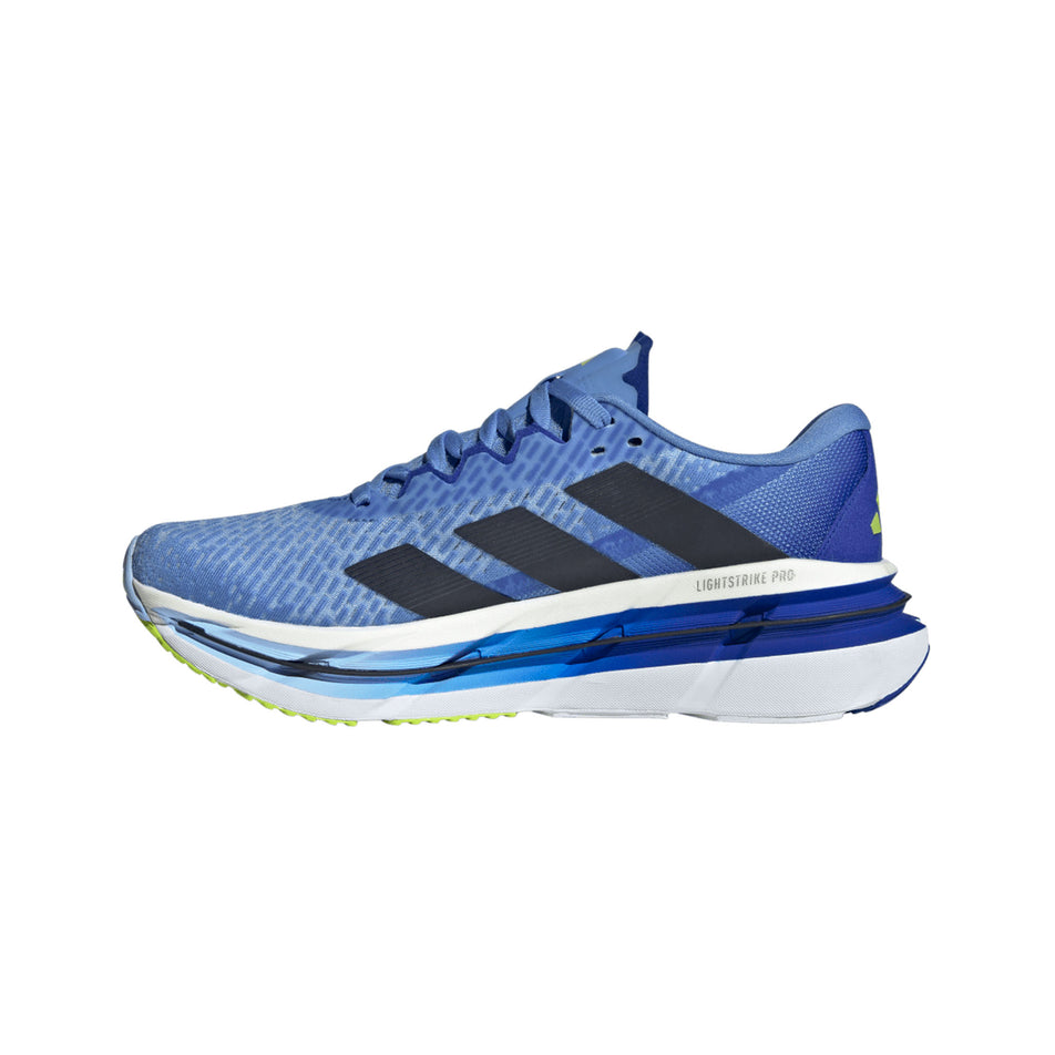 Medial view of the right shoe from a pair of adidas Men's Adistar BYD Running Shoes in the Blue Fusion/Legend Ink/Solar Slime colourway. (8662536290466)