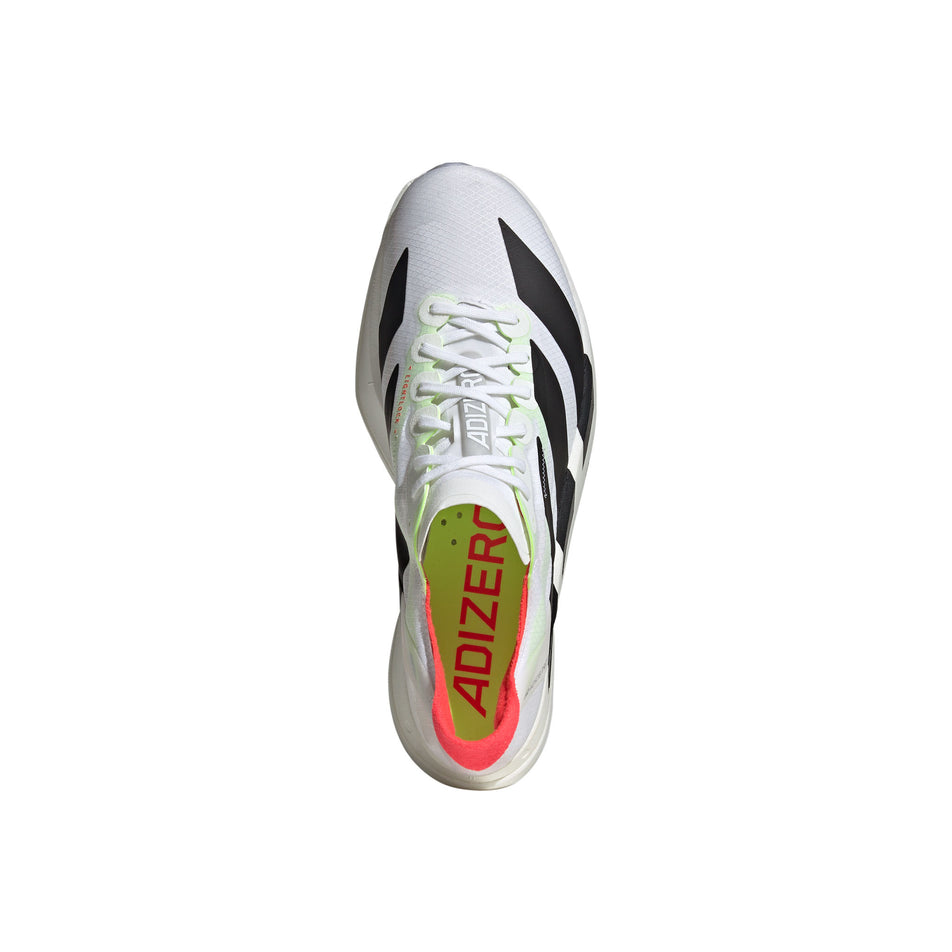 Upper of the right shoe from a pair of adidas Men's Adizero Adios Pro 4 Running Shoes in the Ftwr White/Core Black/Silver Met. colourway. (8563409584290)