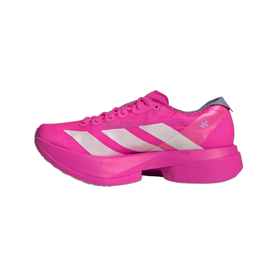 Medial view of the right shoe from a pair of adidas Women's Adizero Adios Pro 4 Running Shoes in the Shock Pink/Zero Met./Aurora Plum colourway. (8745995337890)