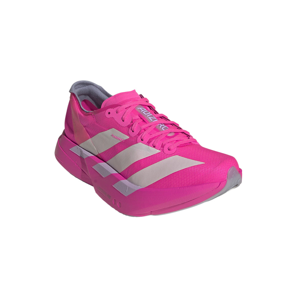 The right shoe from a pair of adidas Women's Adizero Adios Pro 4 Running Shoes in the Shock Pink/Zero Met./Aurora Plum colourway. (8745995337890)