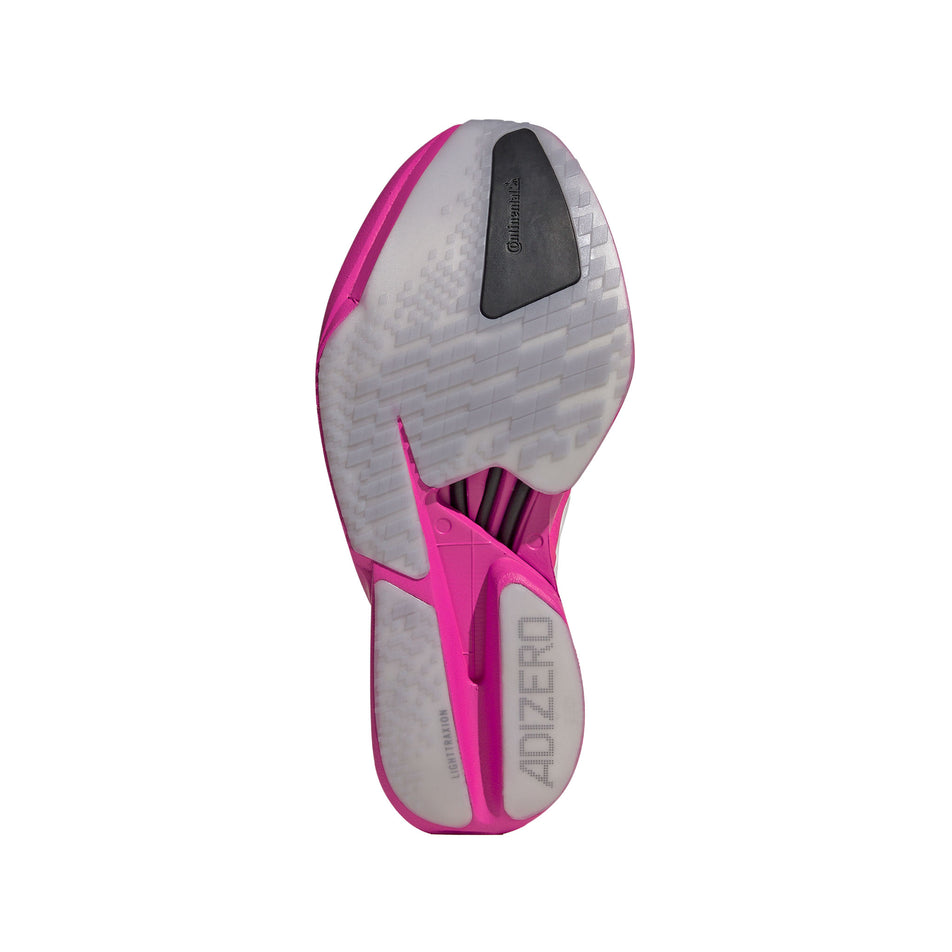 The outsole of the right shoe from a pair of adidas Women's Adizero Adios Pro 4 Running Shoes in the Shock Pink/Zero Met./Aurora Plum colourway. (8745995337890)