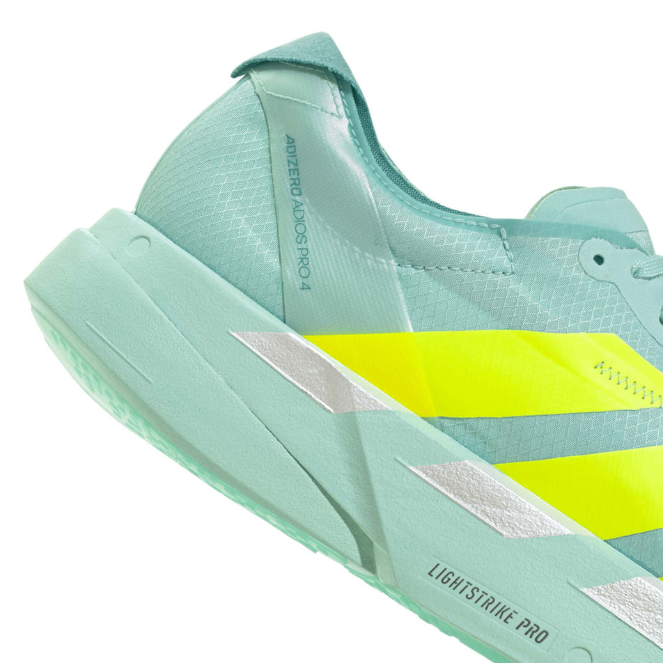 Close up of the heel section of the right shoe from a pair of adidas Women's Adizero Adios Pro 4 Running Shoes in the Semi Flash Aqua/Lucid Lemon/Mint Ton colourway. (8662550872226)