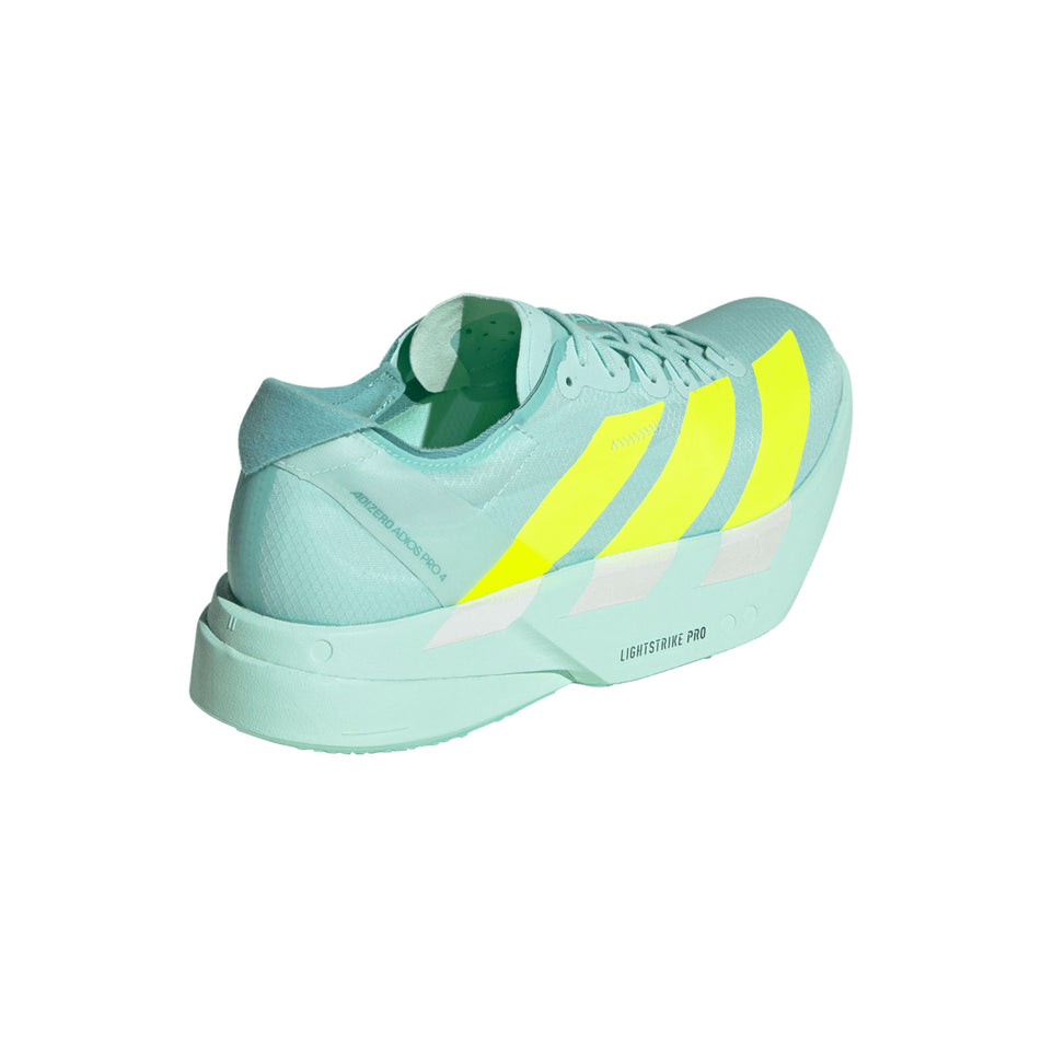 Lateral view of the right shoe from a pair of adidas Women's Adizero Adios Pro 4 Running Shoes in the Semi Flash Aqua/Lucid Lemon/Mint Ton colourway. (8662550872226)