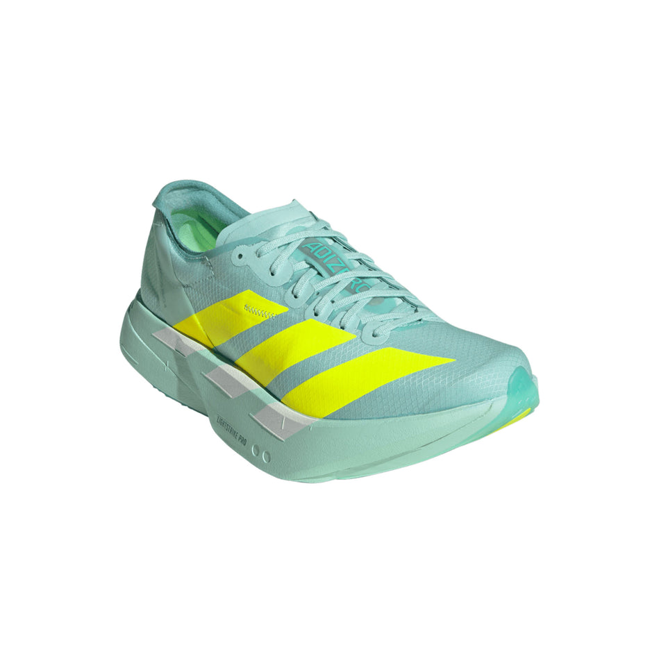 Lateral view of the right shoe from a pair of adidas Women's Adizero Adios Pro 4 Running Shoes in the Semi Flash Aqua/Lucid Lemon/Mint Ton colourway. (8662550872226)