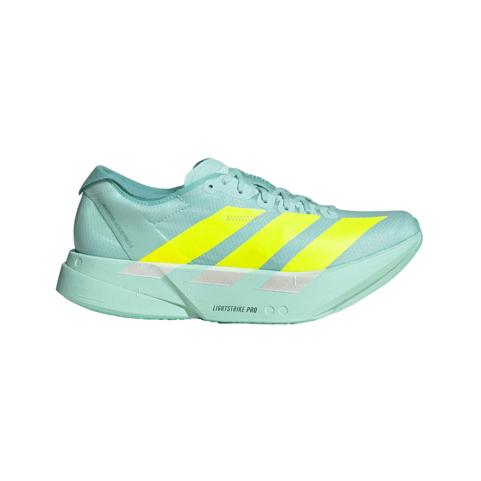 Lateral view of the right shoe from a pair of adidas Women's Adizero Adios Pro 4 Running Shoes in the Semi Flash Aqua/Lucid Lemon/Mint Ton colourway. (8662550872226)