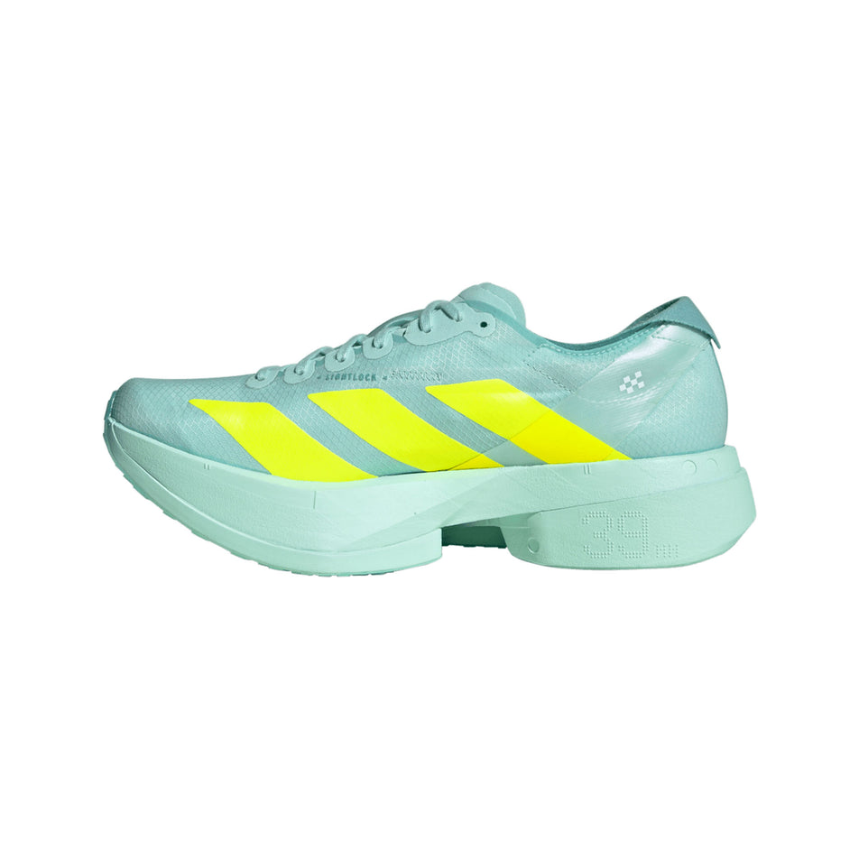 Medial view of the right shoe from a pair of adidas Women's Adizero Adios Pro 4 Running Shoes in the Semi Flash Aqua/Lucid Lemon/Mint Ton colourway. (8662550872226)