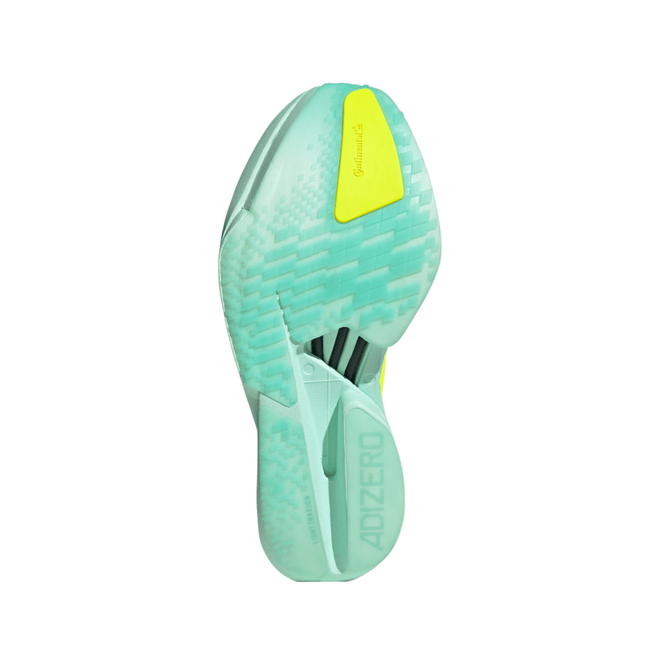 The outsole of the right shoe from a pair of adidas Women's Adizero Adios Pro 4 Running Shoes in the Semi Flash Aqua/Lucid Lemon/Mint Ton colourway. (8662550872226)