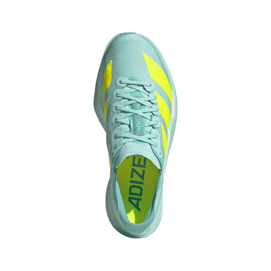 The upper of the right shoe from a pair of adidas Women's Adizero Adios Pro 4 Running Shoes in the Semi Flash Aqua/Lucid Lemon/Mint Ton colourway. (8662550872226)