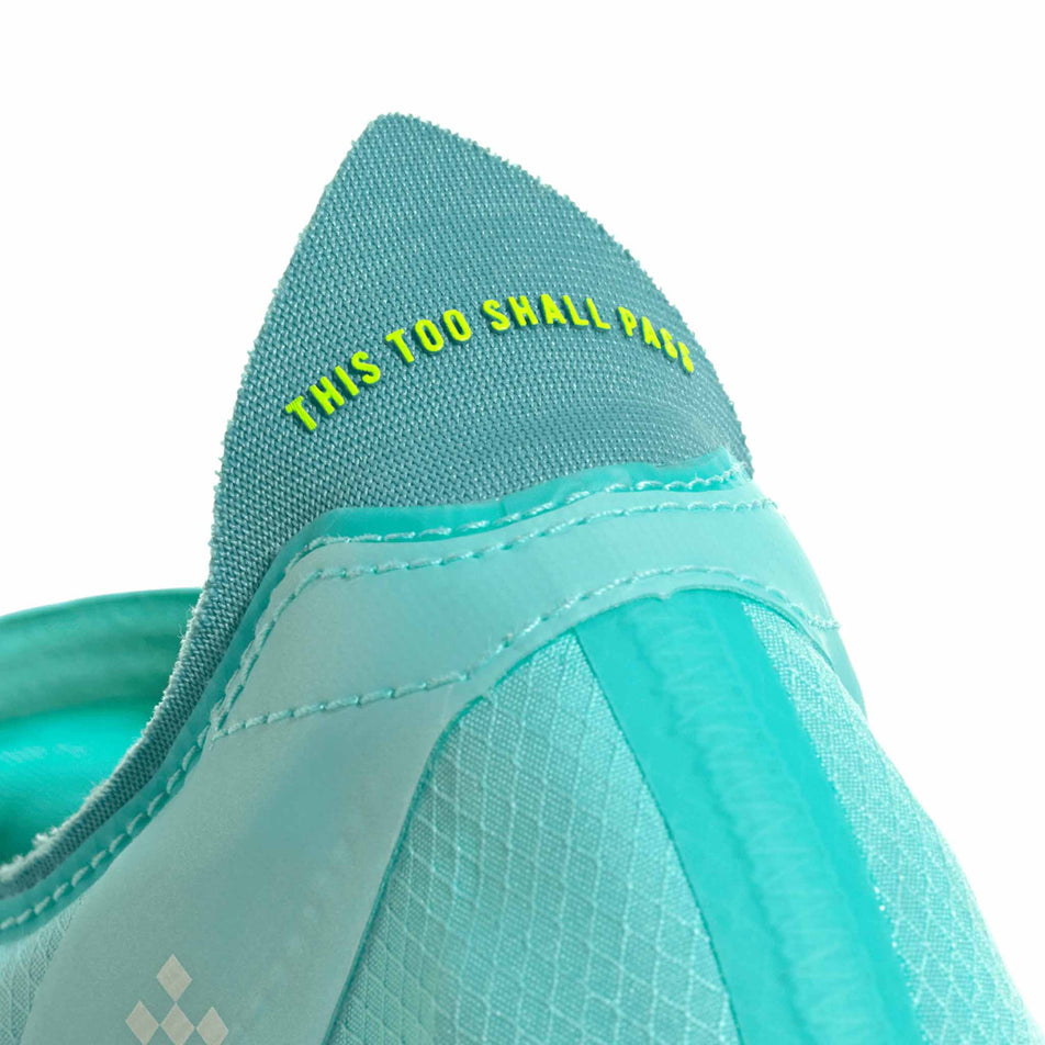Close up of the heel tab at the back of the shoe from a pair of adidas Men's Adizero Adios Pro 4 Running Shoes in the Flash Aqua/Lucid Lemon/Mint Ton colourway. (8662510010530)