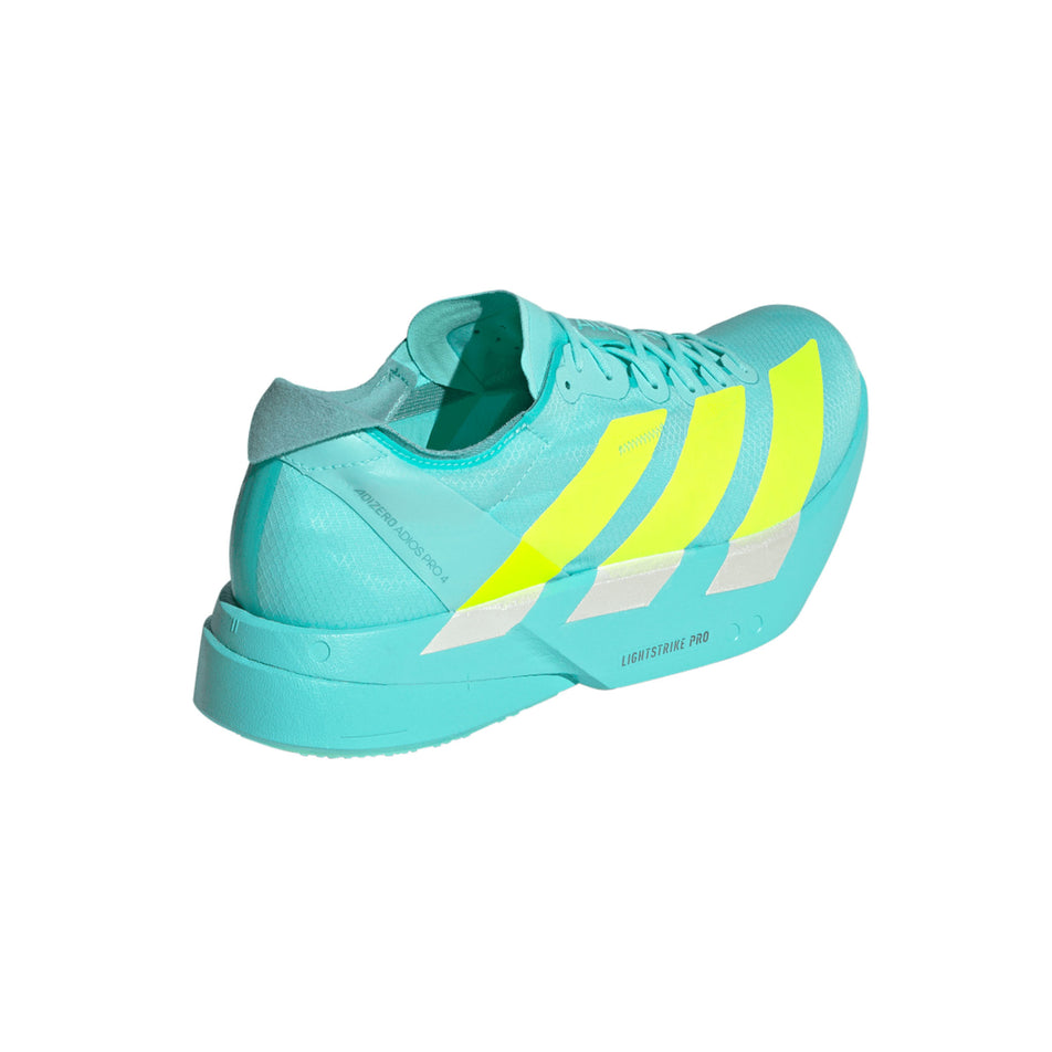 Lateral view of the right shoe from a pair of adidas Men's Adizero Adios Pro 4 Running Shoes in the Flash Aqua/Lucid Lemon/Mint Ton colourway. (8662510010530)