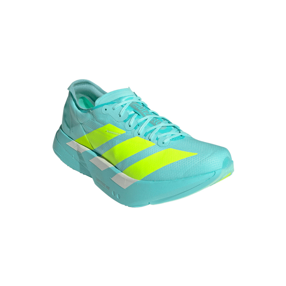 Lateral view of the right shoe from a pair of adidas Men's Adizero Adios Pro 4 Running Shoes in the Flash Aqua/Lucid Lemon/Mint Ton colourway. (8662510010530)