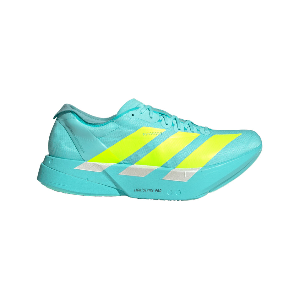 Lateral view of the right shoe from a pair of adidas Men's Adizero Adios Pro 4 Running Shoes in the Flash Aqua/Lucid Lemon/Mint Ton colourway. (8662510010530)
