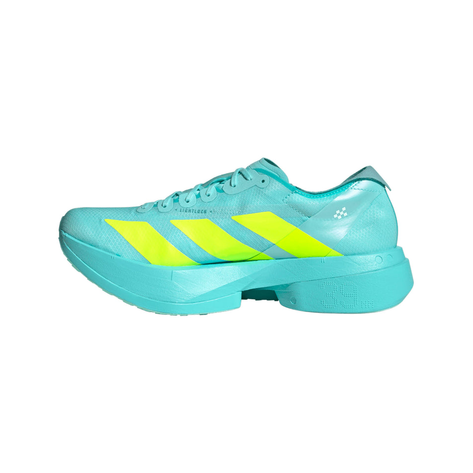 Medial view of the right shoe from a pair of adidas Men's Adizero Adios Pro 4 Running Shoes in the Flash Aqua/Lucid Lemon/Mint Ton colourway. (8662510010530)
