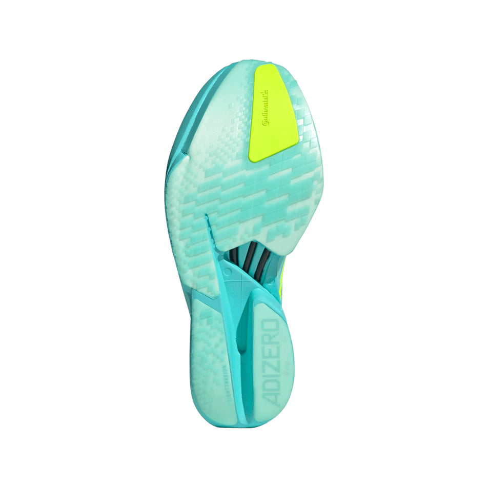 The outsole of the right shoe from a pair of adidas Men's Adizero Adios Pro 4 Running Shoes in the Flash Aqua/Lucid Lemon/Mint Ton colourway. (8662510010530)