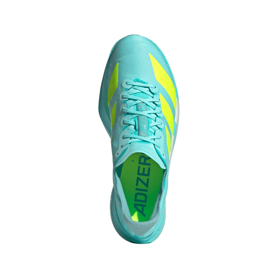 The upper of the right shoe from a pair of adidas Men's Adizero Adios Pro 4 Running Shoes in the Flash Aqua/Lucid Lemon/Mint Ton colourway. (8662510010530)