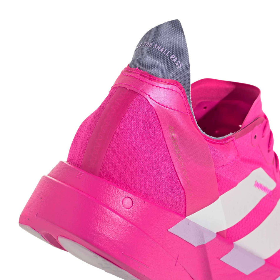 Close-up of the heel counter of the right shoe from a pair of adidas Men's Adizero Adios Pro 4 Running Shoes in the Shock Pink/Zero Met./Aurora Plum colourway. (8743557595298)