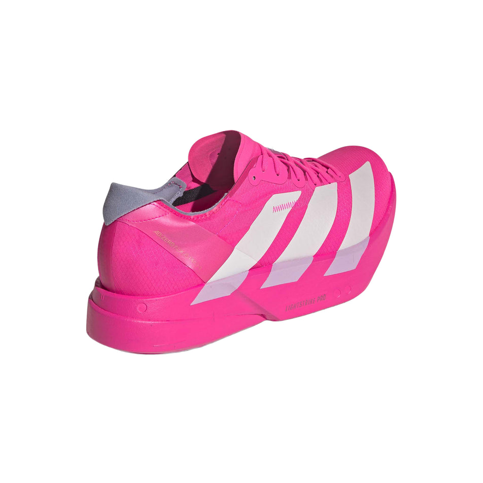 The right shoe from a pair of adidas Men's Adizero Adios Pro 4 Running Shoes in the Shock Pink/Zero Met./Aurora Plum colourway. (8743557595298)