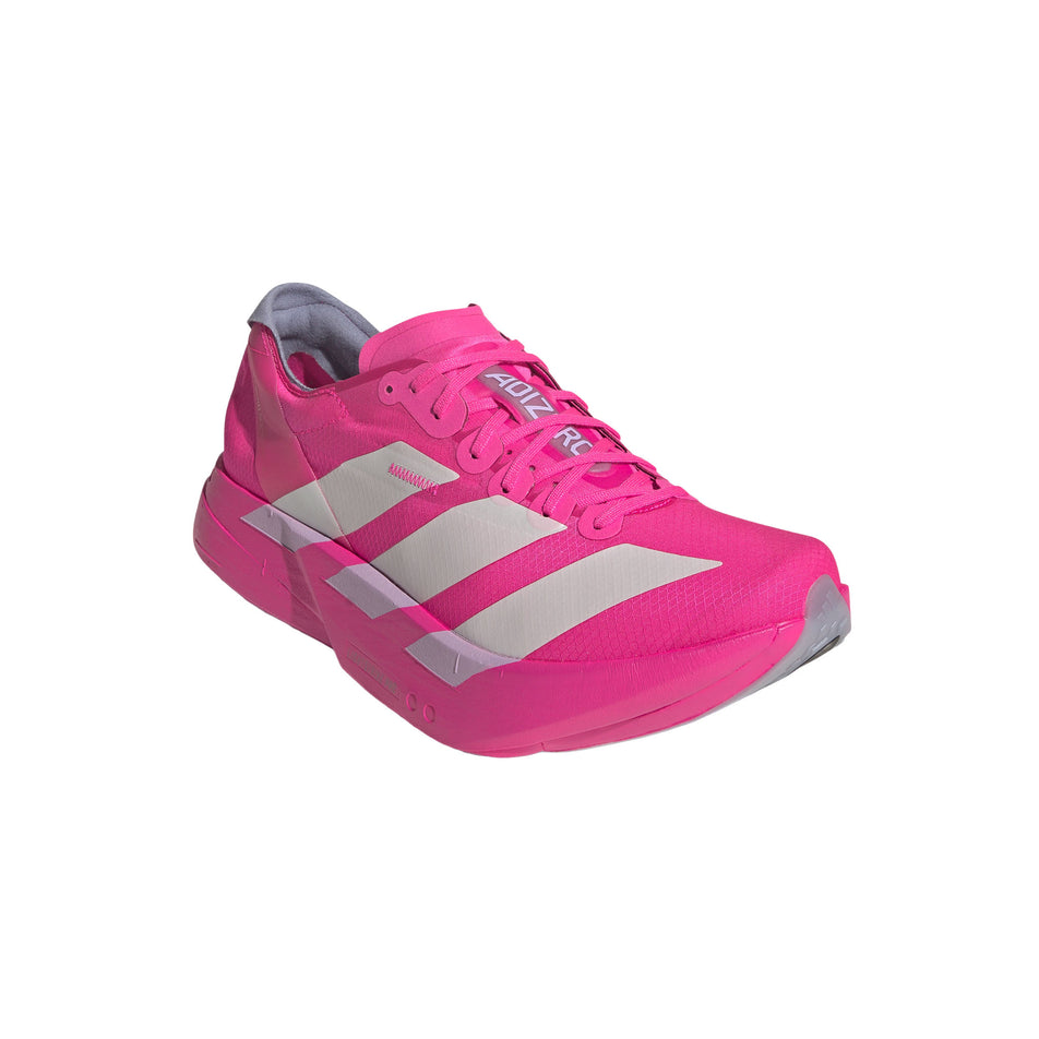 The right shoe from a pair of adidas Men's Adizero Adios Pro 4 Running Shoes in the Shock Pink/Zero Met./Aurora Plum colourway. (8743557595298)