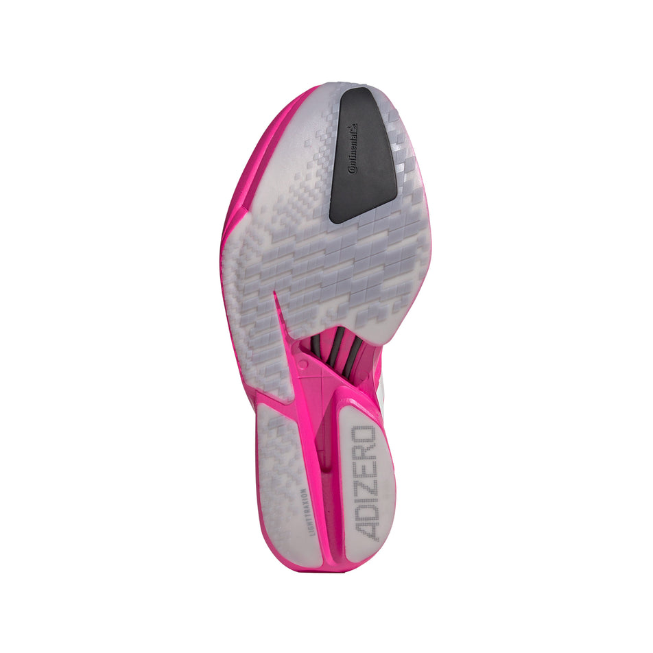 The outsole of the right shoe from a pair of adidas Men's Adizero Adios Pro 4 Running Shoes in the Shock Pink/Zero Met./Aurora Plum colourway. (8743557595298)