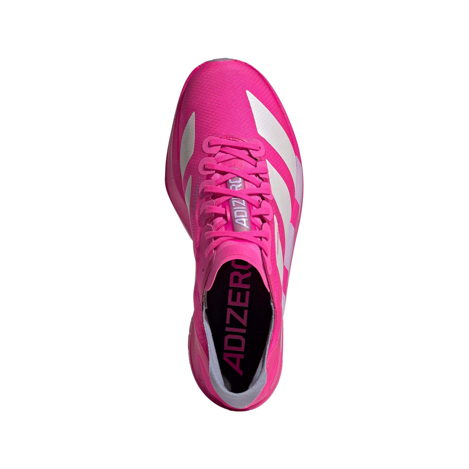 The upper of the right shoe from a pair of adidas Men's Adizero Adios Pro 4 Running Shoes in the Shock Pink/Zero Met./Aurora Plum colourway. (8743557595298)
