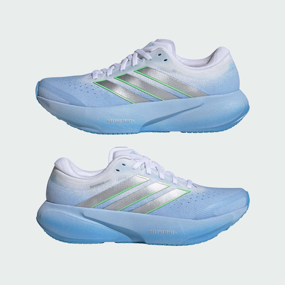 A pair of adidas Women's Supernova Rise 3 Running Shoes in the Glow Blue/Silver met./Ftwr White colourway.