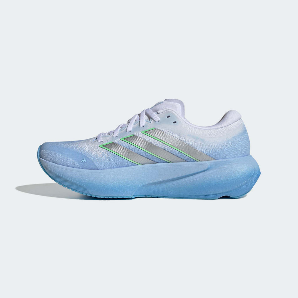 Medial view of the right shoe from a pair of adidas Women's Supernova Rise 3 Running Shoes in the Glow Blue/Silver met./Ftwr White colourway.