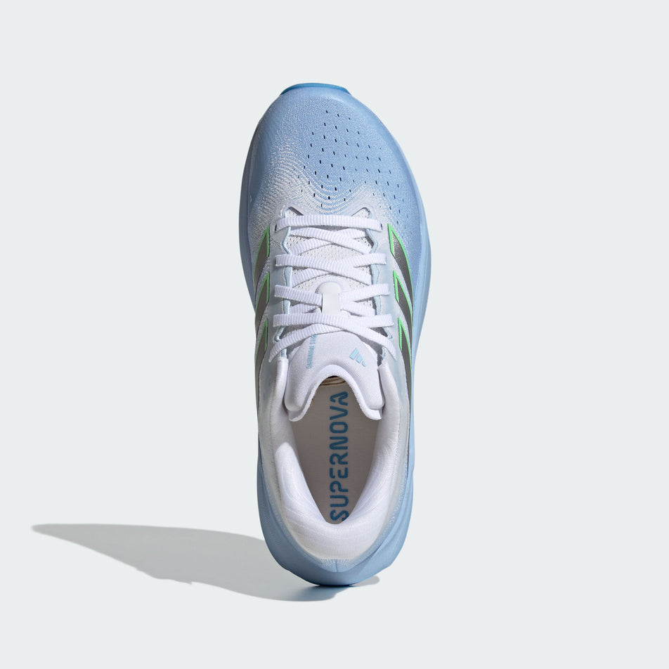 The upper of the right shoe from a pair of adidas Women's Supernova Rise 3 Running Shoes in the Glow Blue/Silver met./Ftwr White colourway.