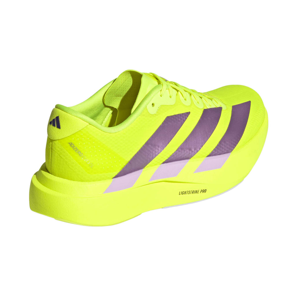 Lateral view of the right shoe from a pair of adidas Women's Adizero EVO SL Woven Running Shoes in the Solar Yellow/Aurora Plum/Powder Plum colourway.