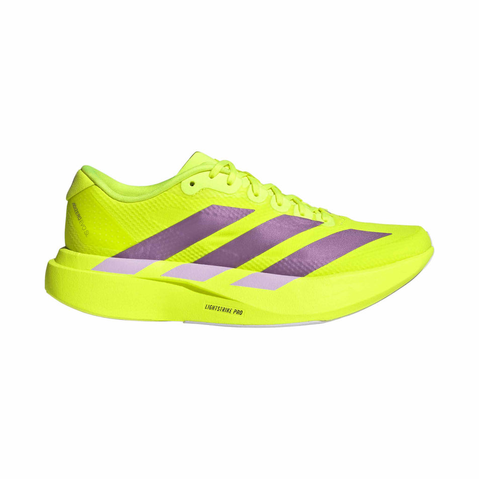 Lateral view of the right shoe from a pair of adidas Women's Adizero EVO SL Woven Running Shoes in the Solar Yellow/Aurora Plum/Powder Plum colourway.