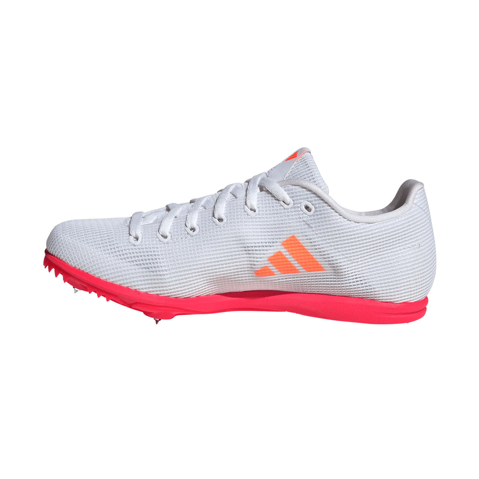 Medial view of the right shoe from a pair of adidas Junior-Unisex Allroundstar Running Spikes in the Pure Orange/Core Black/Silver Met. colourway.