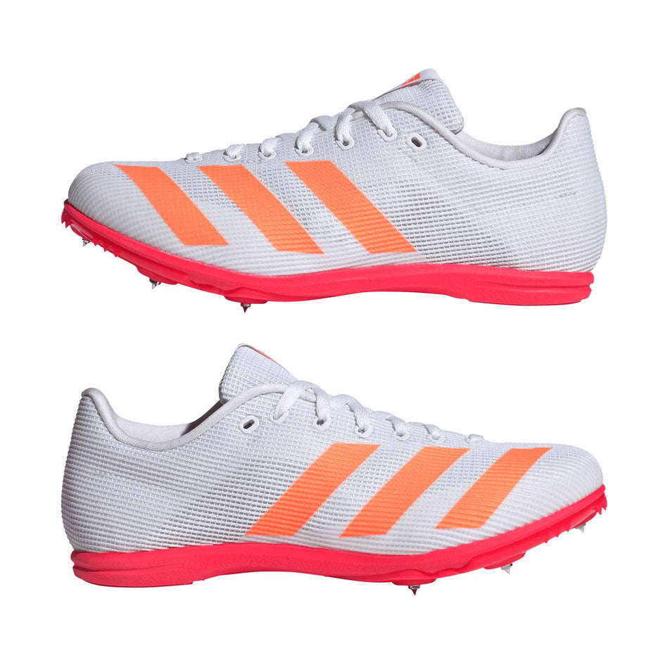 A pair of adidas Junior-Unisex Allroundstar Running Spikes in the Pure Orange/Core Black/Silver Met. colourway.