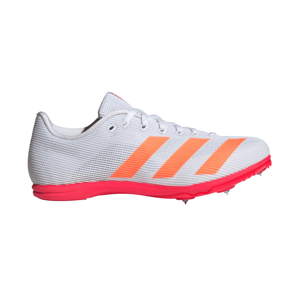 Lateral view of the right shoe from a pair of adidas Junior-Unisex Allroundstar Running Spikes in the Pure Orange/Core Black/Silver Met. colourway.