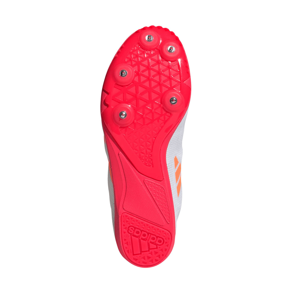 The outsole of the right shoe from a pair of adidas Junior-Unisex Allroundstar Running Spikes in the Pure Orange/Core Black/Silver Met. colourway.