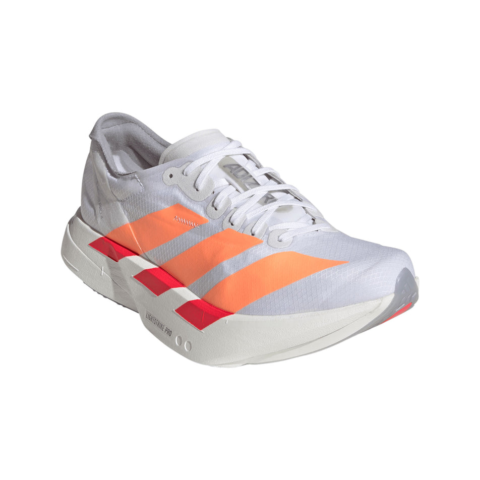 Lateral view of the right shoe from a pair of adidas Women's Adizero Adios Pro 4 Running Shoes in the Ftwr White/Beam Orange/Lucid Red colourway.