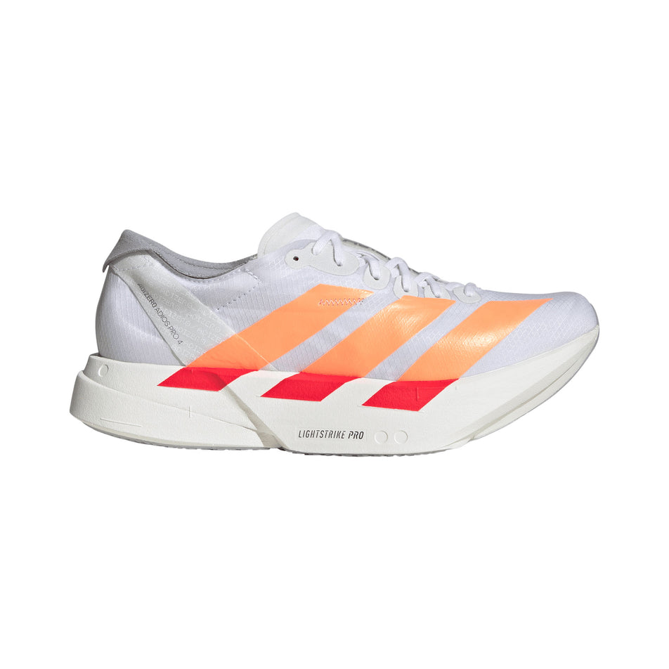 Lateral view of the right shoe from a pair of adidas Women's Adizero Adios Pro 4 Running Shoes in the Ftwr White/Beam Orange/Lucid Red colourway.