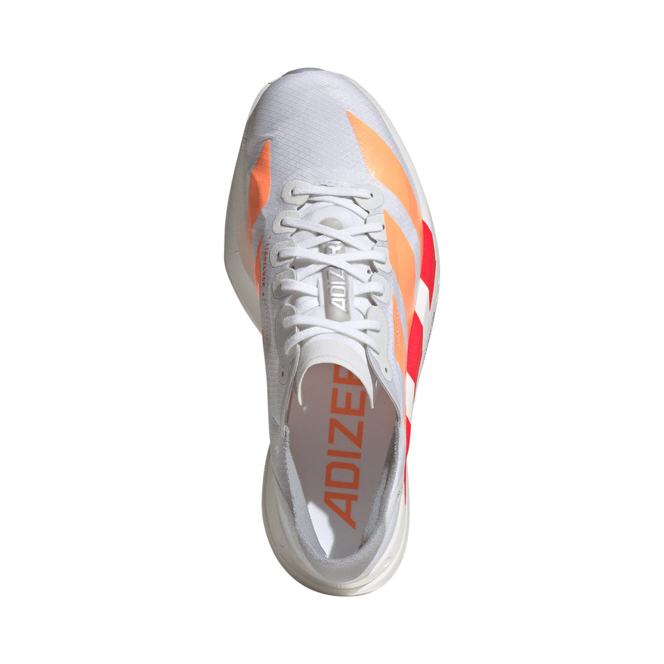 The upper of the right shoe from a pair of adidas Women's Adizero Adios Pro 4 Running Shoes in the Ftwr White/Beam Orange/Lucid Red colourway.