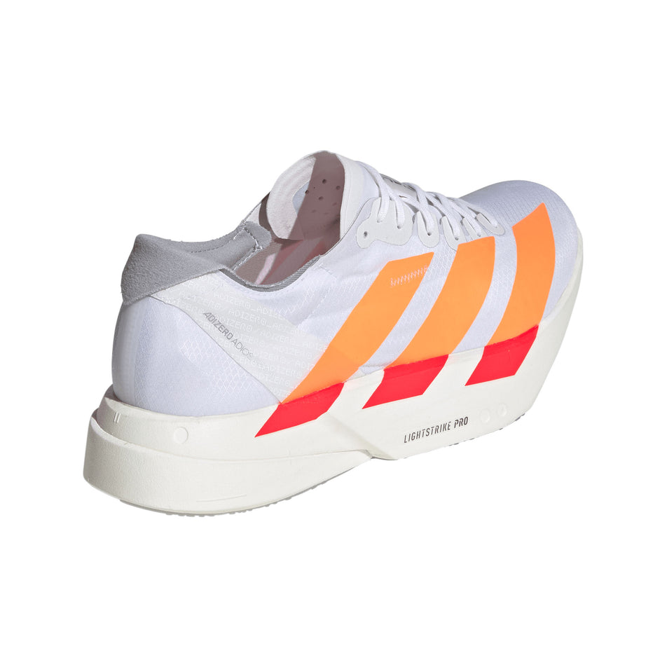 Lateral view of the right shoe from a pair of adidas Men's Adizero Adios Pro 4 Running Shoes in the Ftwr White/Lucid Orange/Lucid Red colourway.