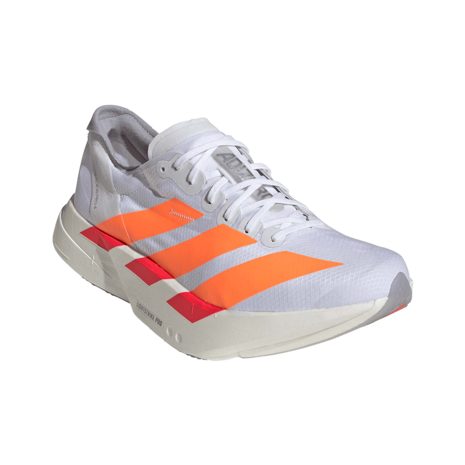 Lateral view of the right shoe from a pair of adidas Men's Adizero Adios Pro 4 Running Shoes in the Ftwr White/Lucid Orange/Lucid Red colourway.