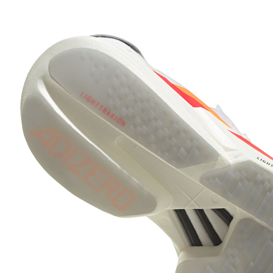 The rearfoot section of the right shoe from a pair of adidas Men's Adizero Adios Pro 4 Running Shoes in the Ftwr White/Lucid Orange/Lucid Red colourway.