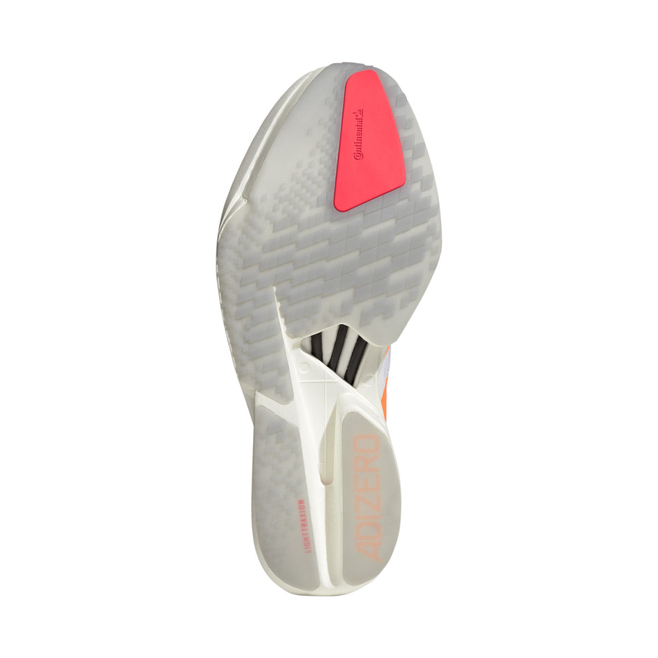 The outsole of the right shoe from a pair of adidas Men's Adizero Adios Pro 4 Running Shoes in the Ftwr White/Lucid Orange/Lucid Red colourway.